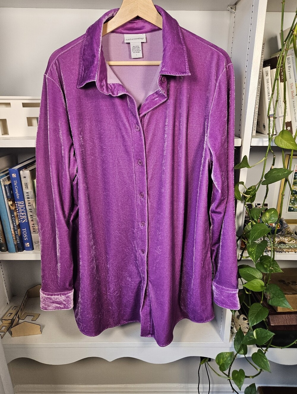 Soft Surroundings Purple Velvet Long Sleeve Tunic Button Down Size Medium Fall